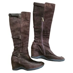 Aquatalia Quinto Knee High Boots Brown Suede Wedge Heel 10 Fit Narrow